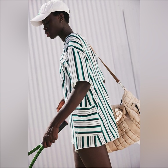 Free People Movement Hot Shot Printed Tee Romper Coastal Green & White Medium - Picture 2 of 8